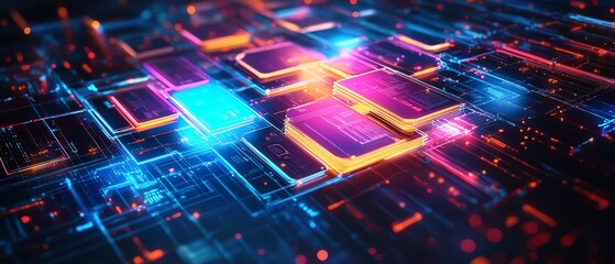 Fototapeta premium Illustration of digital folders with colorful tags and labels, glowing network connections, vibrant data streams, and a streamlined document management system for modern business