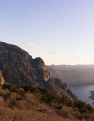 View of fjord and Lovcen Mountains in Montenegro.