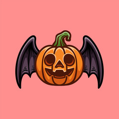 fun pumpkin with bat wings colorful logo mascot isolated drawing line style sketch classic vintage design illustration