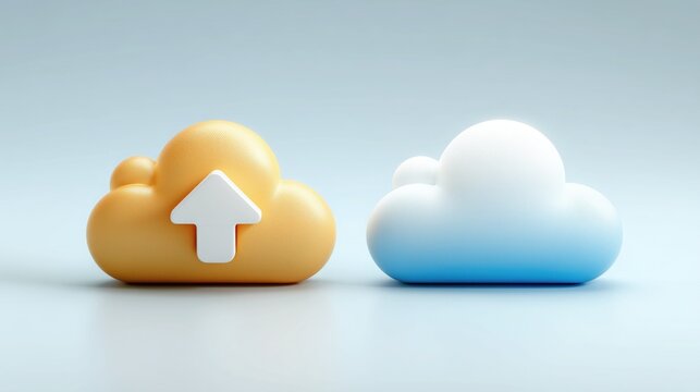 3D cloud storage icons with upload arrow, orange and blue gradient designs, representing data upload and cloud computing, ideal for wallpaper, poster, tech innovation, and digital storage concepts. - Powered by Adobe