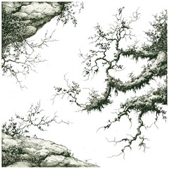 Vintage forest etching, mossy texture detail, botanical hand-drawn sketch, antique plant pattern, green surface style, vector illustration, woodland foliage texture, natural engraving.