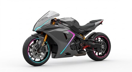 Obraz premium Moto puissante design futuriste lumineux couleurs vives fond blanc. AI Generated