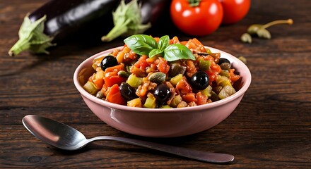 A bowl of colorful ratatouille is presented on rustic wood table, with fresh basil garnish on top.