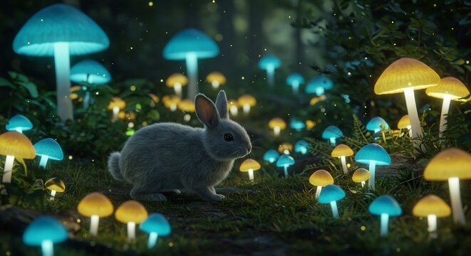 Lapin paisible lumineux foret magique champignons bleus dor�s. AI Generated
