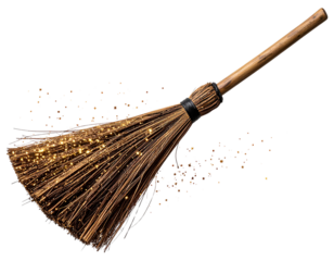 Flying broomstick with magical trails and rustic wood texture, isolated on a transparent background