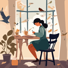 Fototapeta premium Woman sits at desk writing, with birds flying outside the window and leaves swirling in the wind.