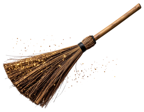 Flying broomstick with magical trails and rustic wood texture, isolated on a transparent background