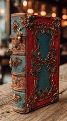 Ornate vintage book with intricate gold detailing and a rich leather cover stands upright on a wooden surface against a softly lit background.