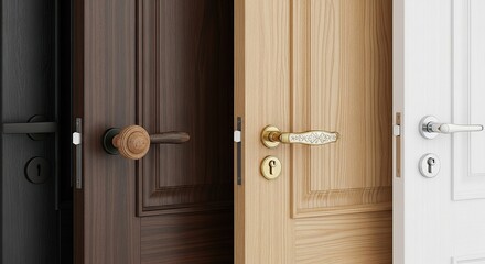 Fototapeta premium Set of Four Wooden Doors with Different Stylish Handles in Neutral Tones