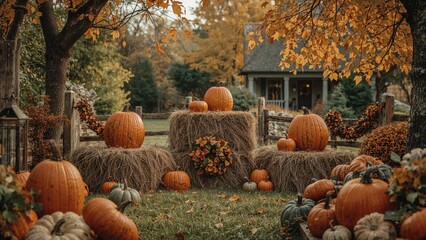 Fall pumpkins alongside stacked hay. Traditional autumn harvest event and Halloween styling