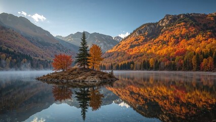 Mountain valley featuring a small reservoir with stunning fall-colored trees