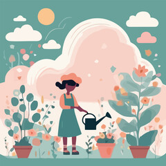 A young woman tending a garden filled with colorful flowers and plants.