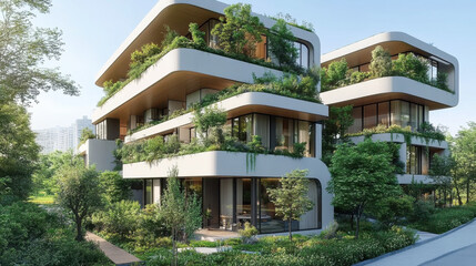 Obraz premium Eco-friendly building in the modern city. Sustainable glass office building with trees for reducing heat and carbon dioxide. Office building with green environment