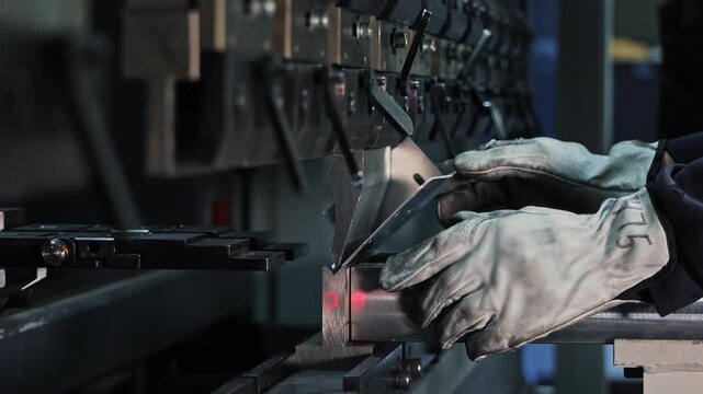 Industrial sheet metal bending with press brake. Factory worker using a press brake machine to accurately bend a metal sheet under controlled pressure and alignment lasers.