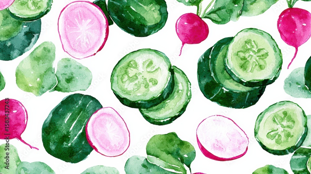 Poster watercolor pattern featuring sliced cucumbers and radishes with space for text above in a fresh and 