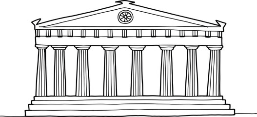 Hand-drawn Greek temple illustration with pillars, classical architectural sketch, historic monument outline, black and white educational drawing design.