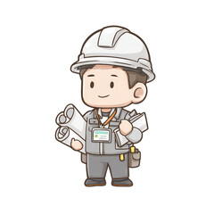 Cute cartoon engineer holding blueprints and clipboard isolated on transparent background