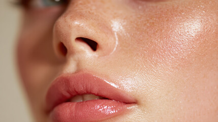 Fototapeta premium Close up of soft skin shows radiant glow, texture looks healthy and hydrated under studio lights, with soft and subtle beauty shining through