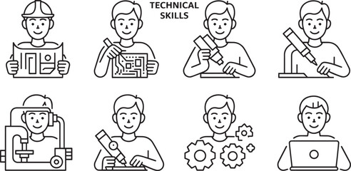 Fototapeta premium Architectural Blueprint Reading Skill Icon Vector Illustration of a Construction Worker Examining Building Plans with Precision