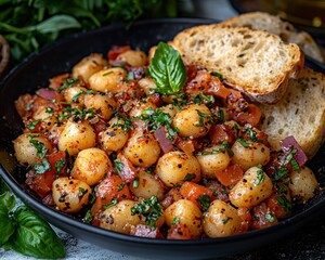 A plate of gnocchi tossed with tomatoes, onions, and herbs, served with toasted bread