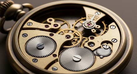 Intricate close-up of vintage pocket watch mechanism showcasing gears and components