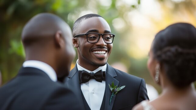 Three people at a wedding reception, smiling and interacting.