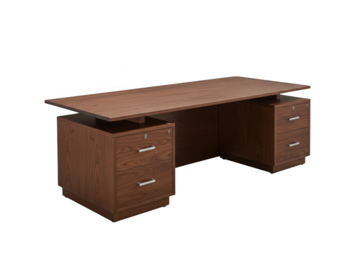 A rich brown wooden executive desk with multiple drawers is shown isolated on transparent background