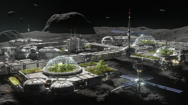 Futuristic lunar base with green energy and sustainable agriculture on a moon landscape