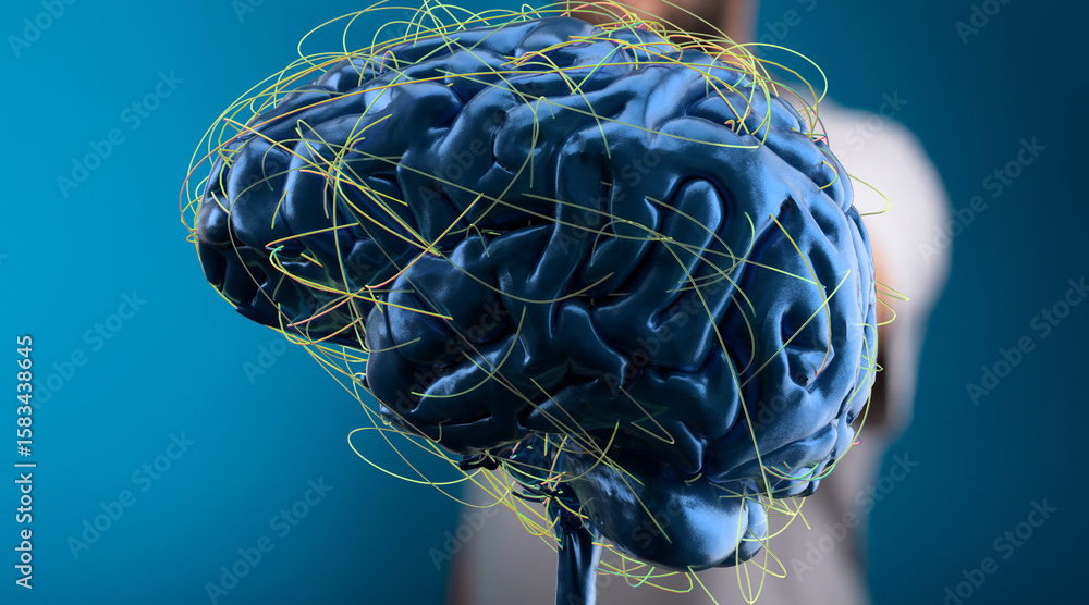 Poster abstract 3d rendering of a human brain with glowing neural connections. ideal for neuroscience, ai, 