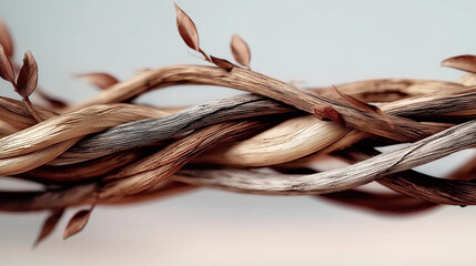 Close-up of intertwined brown and gray braided vines, symbolizing unity in Jesus' time, set against a white background with space for text or graphics. 