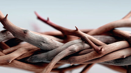 Close-up of intertwined brown and gray braided vines, symbolizing unity in Jesus' time, set against a white background with space for text or graphics. 