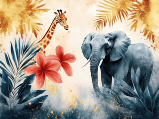 Modern abstract art. Animal illustration. Golden elements, watercolor painting, children's wallpaper. Hand drawn plants