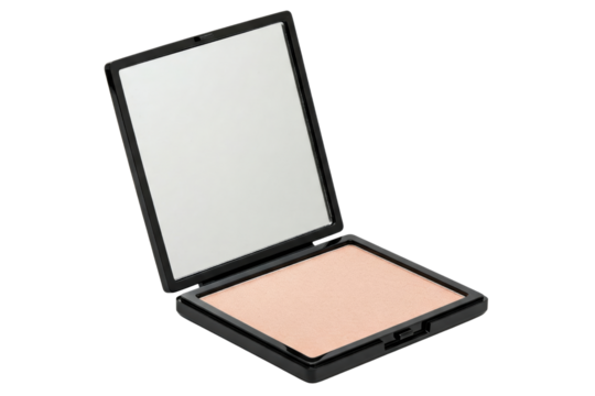 Open cosmetic compact with mirror and shimmering face powder isolated on a transparent background