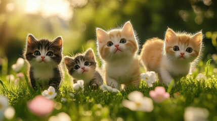 various fluffy dog and cat friends are sitting on the green grass in a sunny spring meadow