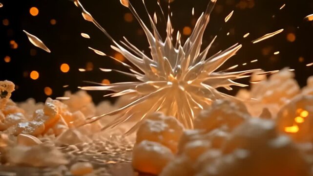 framing adenine background of glittering gold hues, iridescent embodiment coil inward, culminate inward an volatile free of detonate sherd from disturbance muzzy conceptual burst geometry;