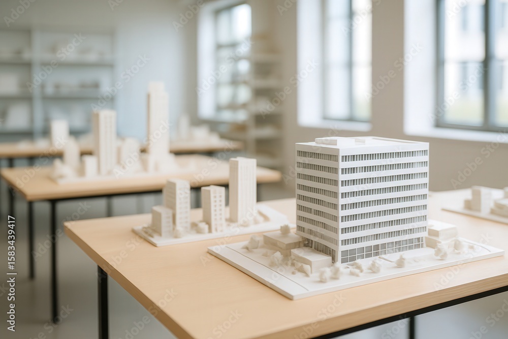Poster architectural workshop with modern building models on tables in bright studio environment