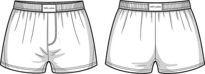 Men's cotton boxer shorts, front and back view, fashion flat sketch, underwear template, breathable fabric, casual wear design, mockup illustration