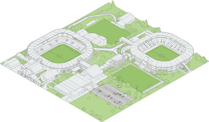 Isometric football stadium complex, twin soccer fields, training grounds, sports facility design, 3D architecture plan, green area layout. © Titan