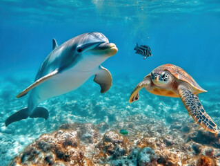 A Dolphin and Sea Turtle Underwater portrait close up