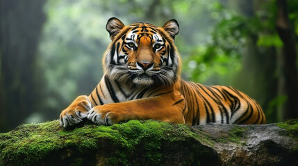Tiger resting on mossy rock amid misty trees