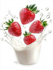 Milk or yogurt splash with strawberries isolated on white