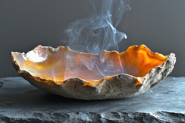 Obraz premium A sculpted, earthy bowl, filled with wisps of smoke