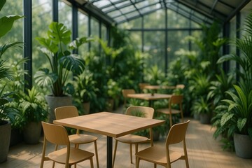 Fototapeta premium Botanical Cafe Oasis With Lush Greenery and Wooden Furniture in Sunlit Glasshouse Creating a Serene Atmosphere