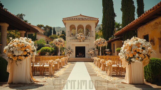Elegant wedding ceremony venue with lush floral arrangements and gold accents