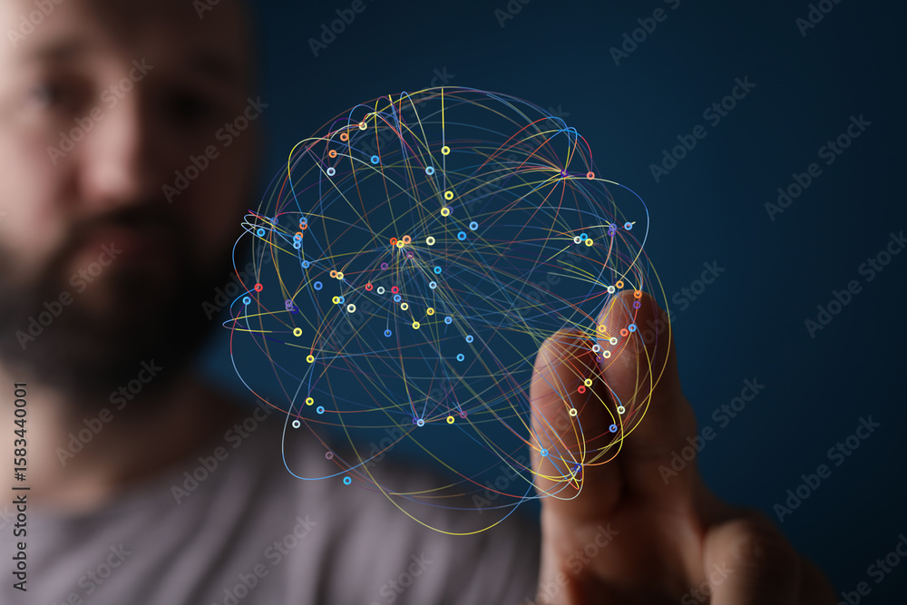 Poster abstract image of a man interacting with a digital network. perfect for tech, innovation, and connec
