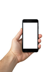 Adult caucasian male hand, late 20s-early 40s, holding a modern sleek black smartphone vertically with blank white screen, isolated on a transparent studio background, shadowless commercial tech