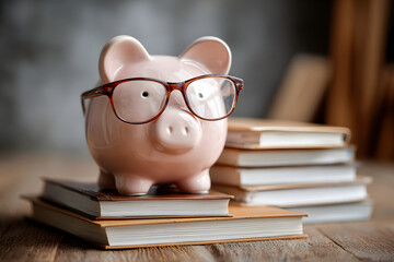 Piggy bank with graduation cap and glasses on stack of books, student loan savings education budget, academic financial literacy, scholarship tuition planning, money saving for college funds