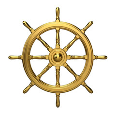 A golden ship's steering wheel on a transparent background. The wheel features eight spokes and a central hub, symbolizing navigation and maritime themes.