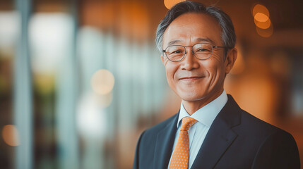 Fototapeta premium Professional Asian man with suit and eyeglasses, smiling confidently. Portrait of a man with kind face with positive expression.