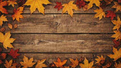 Overhead shot of aged wooden plank backdrop scattered with golden autumn leaves.